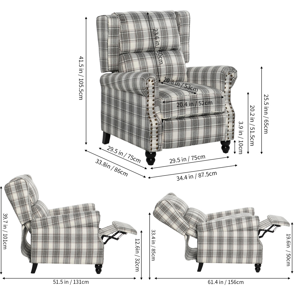 Living and Home Grey Beige Plaid Wingback Recliner Armchair with Adjustable Backrest and Footrest Image 9