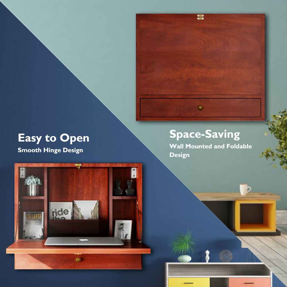 Costway Single Drawer 6 Shelf Wall Mounted Foldable Desk Brown Image 5
