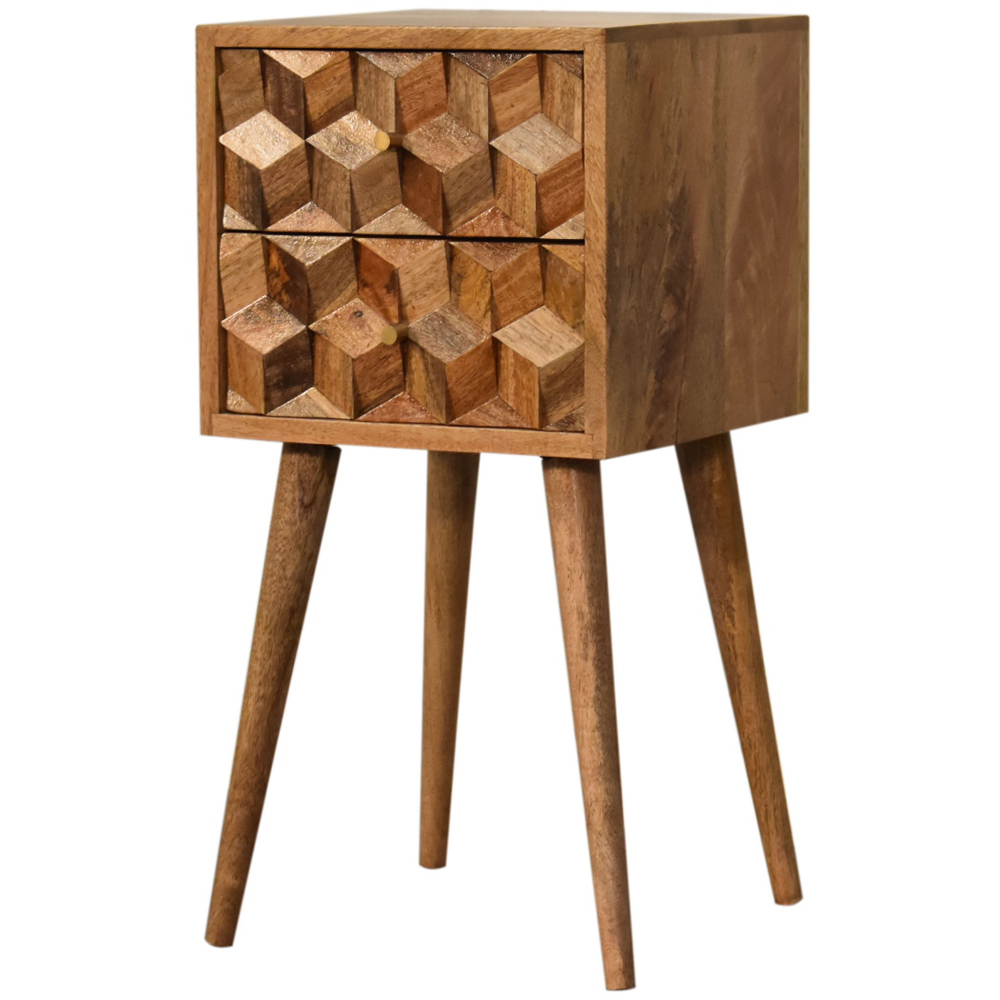 Artisan Furniture Oak-ish 2 Drawer Solid Wood Mini Cube Carved Bedside Table Image 4