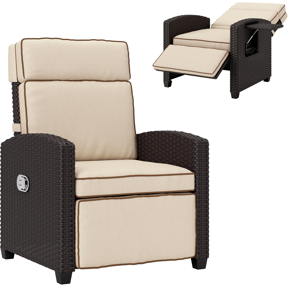 Outsunny Dark Brown and Khaki Rattan Garden Recliner Sun Lounger with Flip Table Image 2