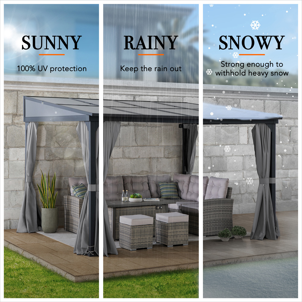 Sunjoy 3.6 x 3m Wall Mounted Lean to Gazebo with Grey Curtain and Netting Image 5