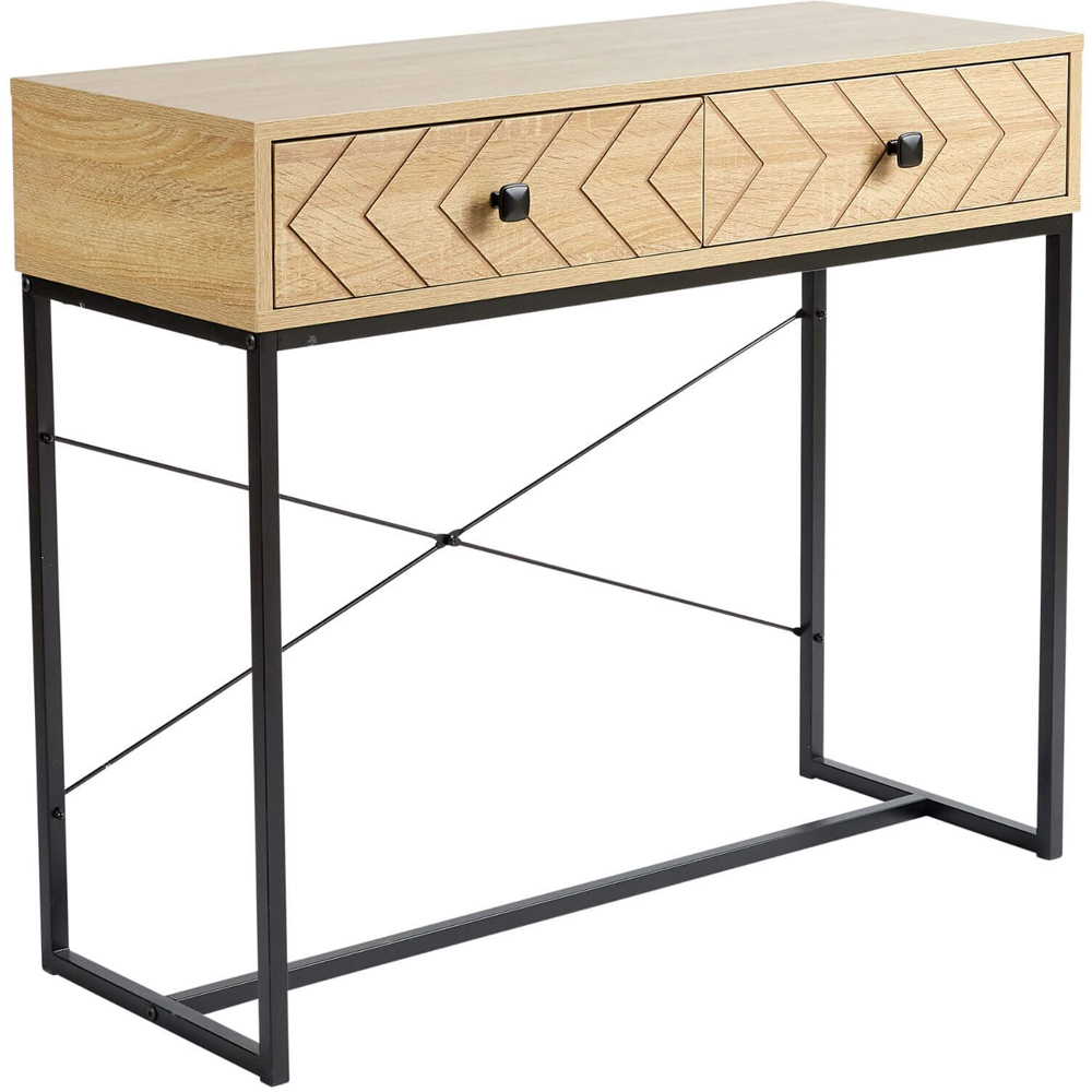 Home Source 2 Drawer Oak Effect Aztec Design Console Table with Metal Legs Image 2