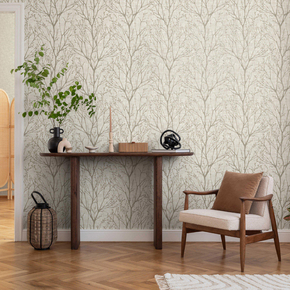 Crown Lynford Trees Fabric Effect Natural Wallpaper Image 4
