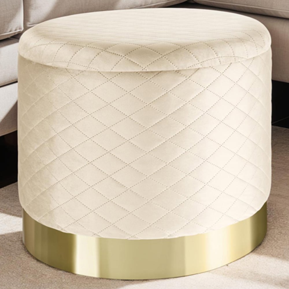 tectake Coco Cream Velvet Look Quilted Padded Round Stool with Storage Image 1