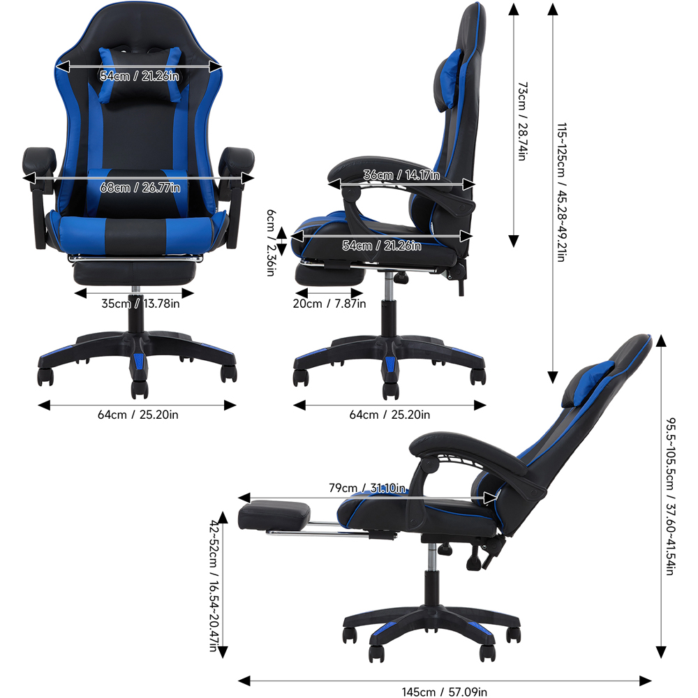 Living and Home Blue and Black Gaming Chair with Footrest Image 9
