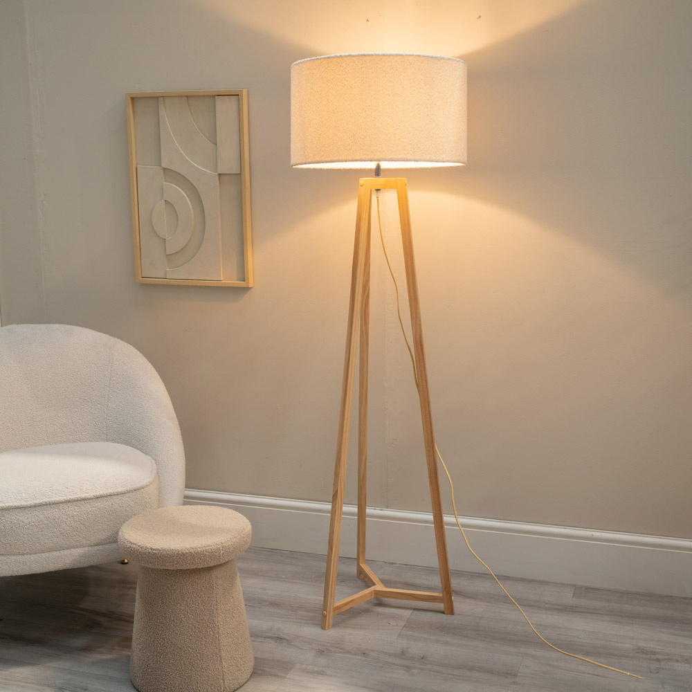 ValueLights Lottie Cream Boucle Drum Shade Natural Wood Tripod LED Floor Lamp Image 2