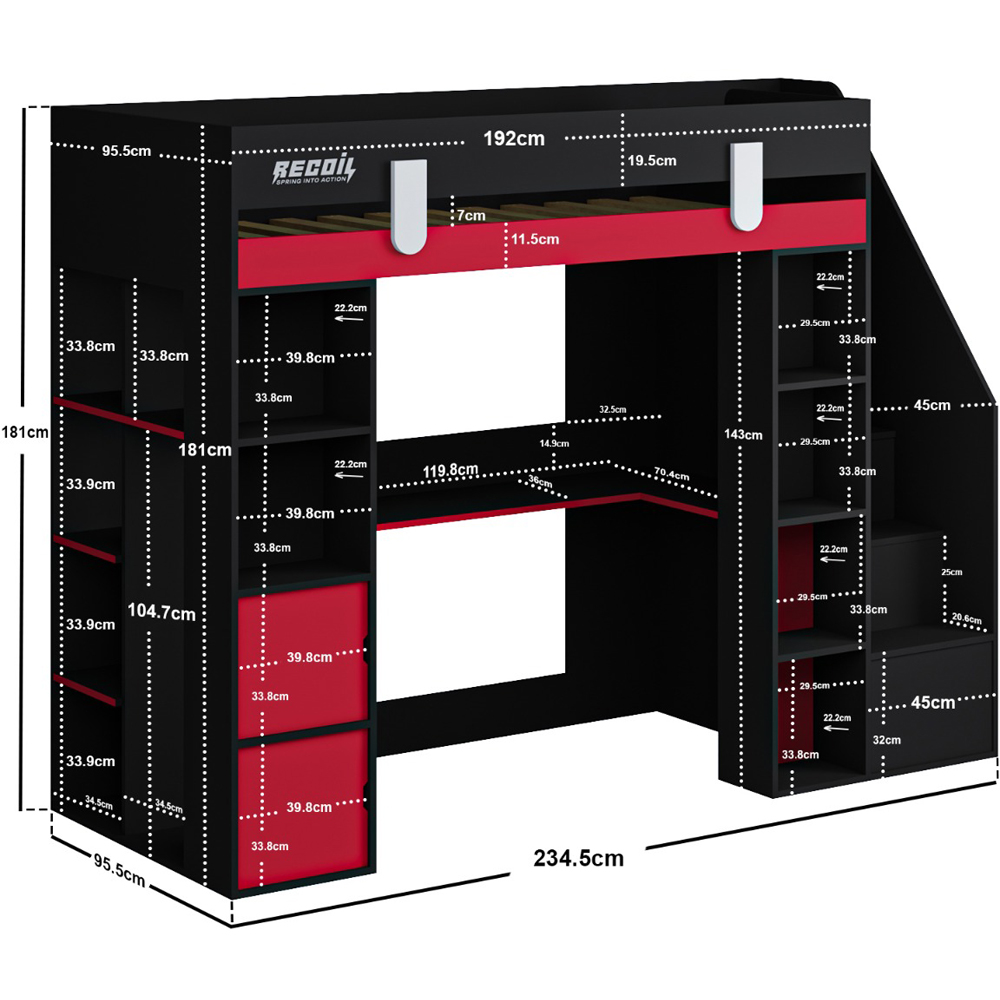 Flair Blaze Black and Red Staircase Gaming High Sleeper with Storage Image 3