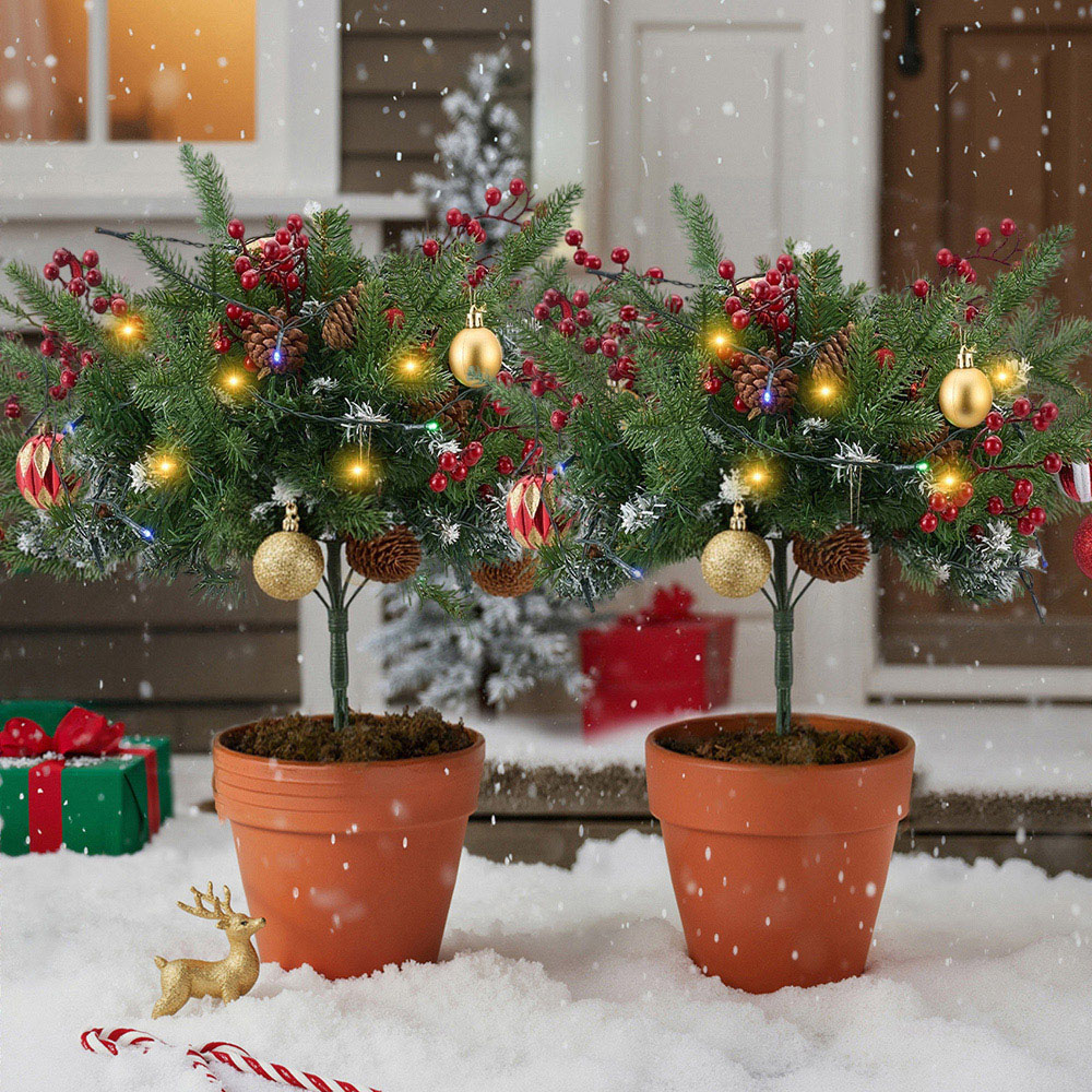 Living and Home Pre-Lit Christmas Planter Bush with Frosted Foliage 60cm 2 Pack Image 2