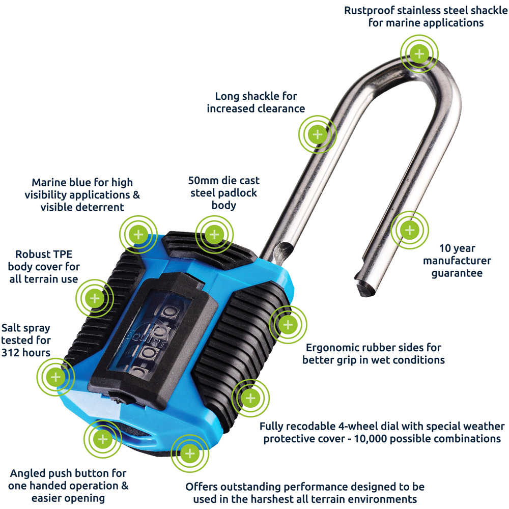 Squire 50mm 4 Wheel Combination Extra Long Shackle Padlock Image 6