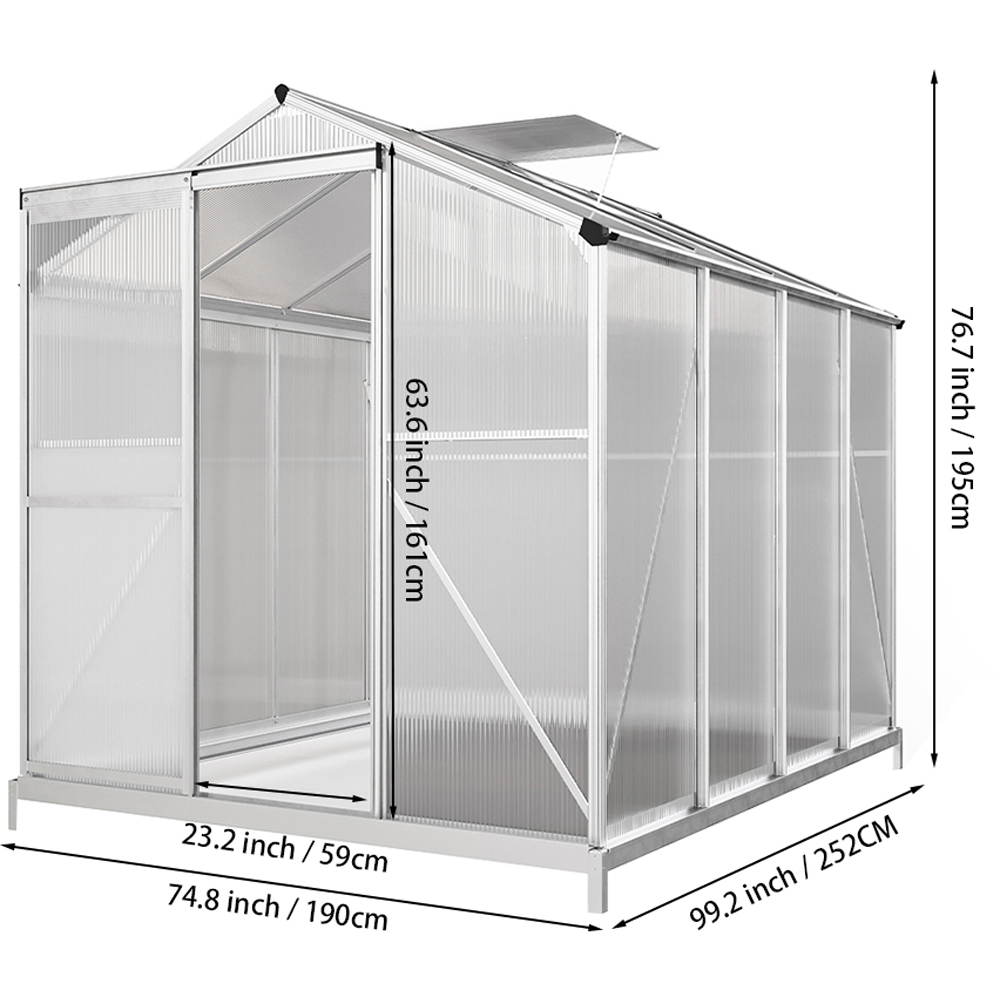Living and Home 6.2 x 8.3ft Aluminium Polycarbonate Sliding Door Greenhouse with Base Image 7
