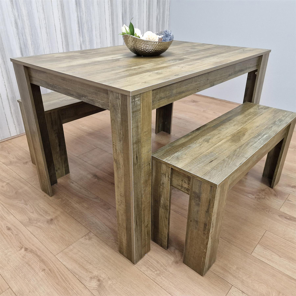 Portland 4 Seater Rustic Effect Dining Table Set with Benches Image 6
