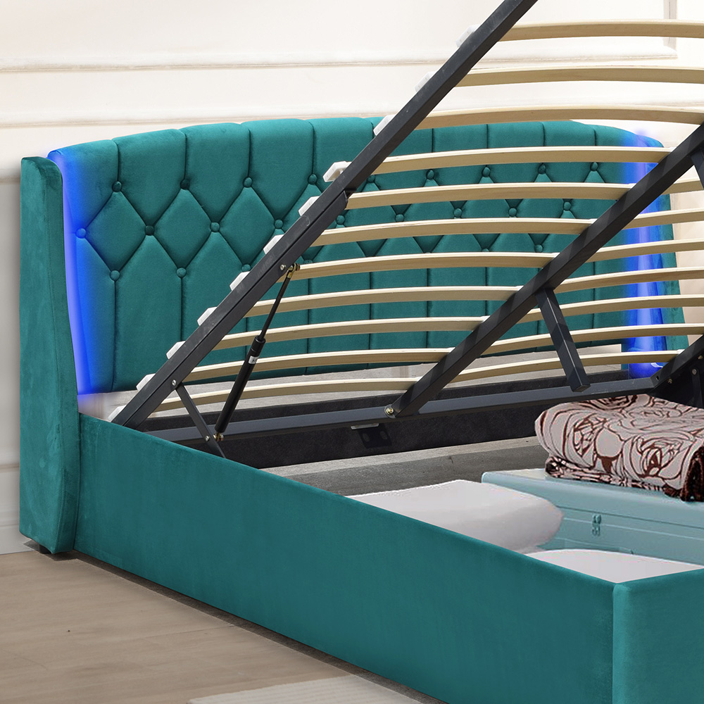 Comfy Living King Size Green Fabric Gaslift Bed Frame with LED Headboard Image 2
