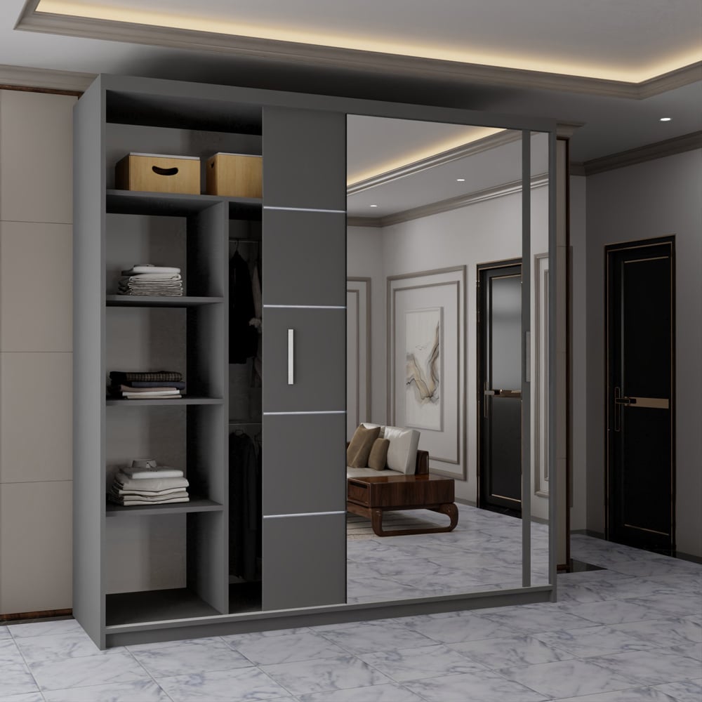 Sliding Wardrobes 4U 2 Sliding Door Grey Modern Wide Mirrored Wardrobe with Adjustable Shelf Image 3