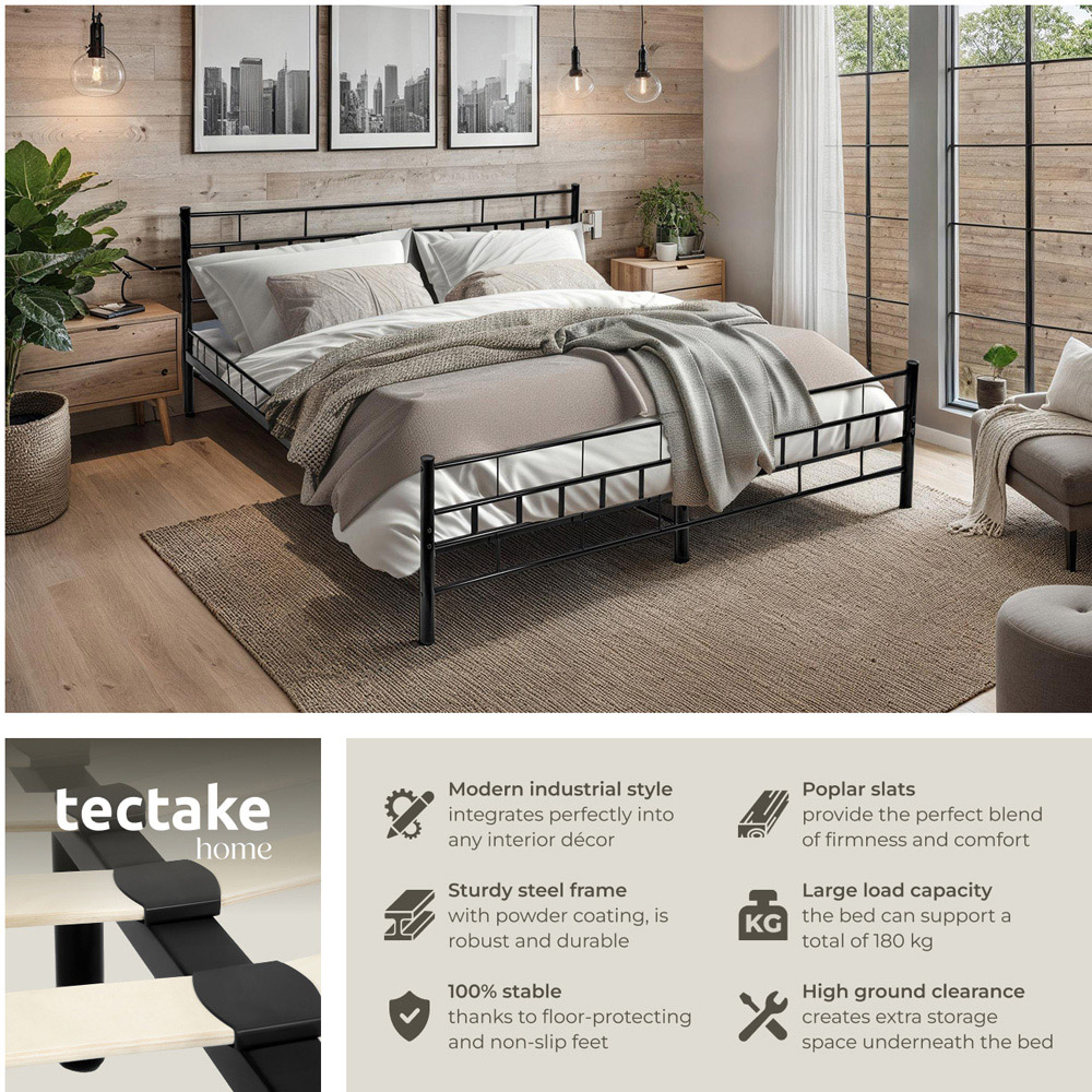 tectake Double Black Metal Bed Frame with Slatted Base Image 4