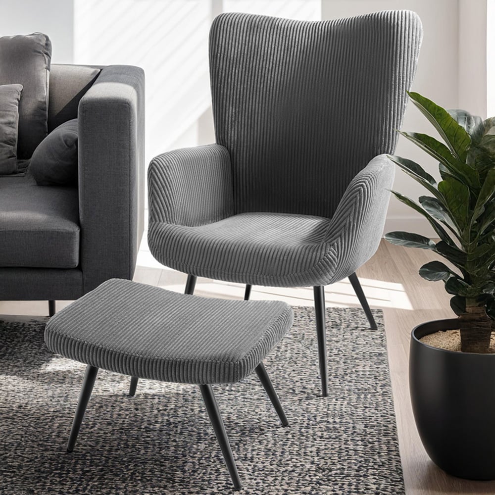 tectake Hygge Wide Corduroy Anthracite and Black Padded Armchair with Stool Image 1