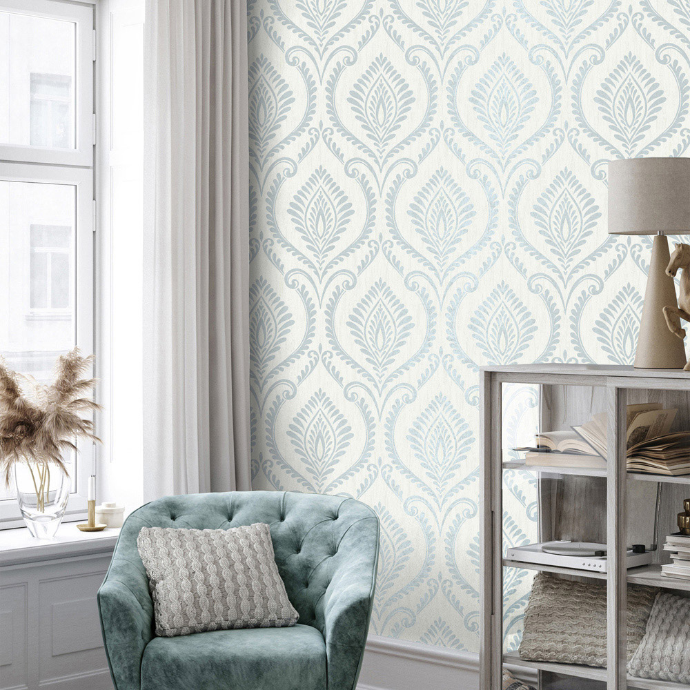 Fine Decor Estelle Damask Mineral Blue Wallpaper Image 3