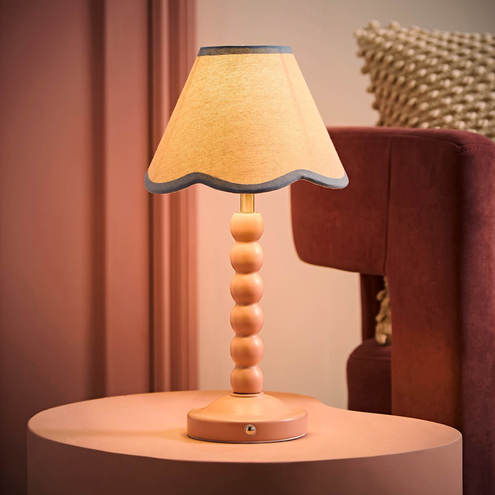 ValueLights Bobble Blue Scallop Shade Pink Wooden LED Table Lamp Image 2