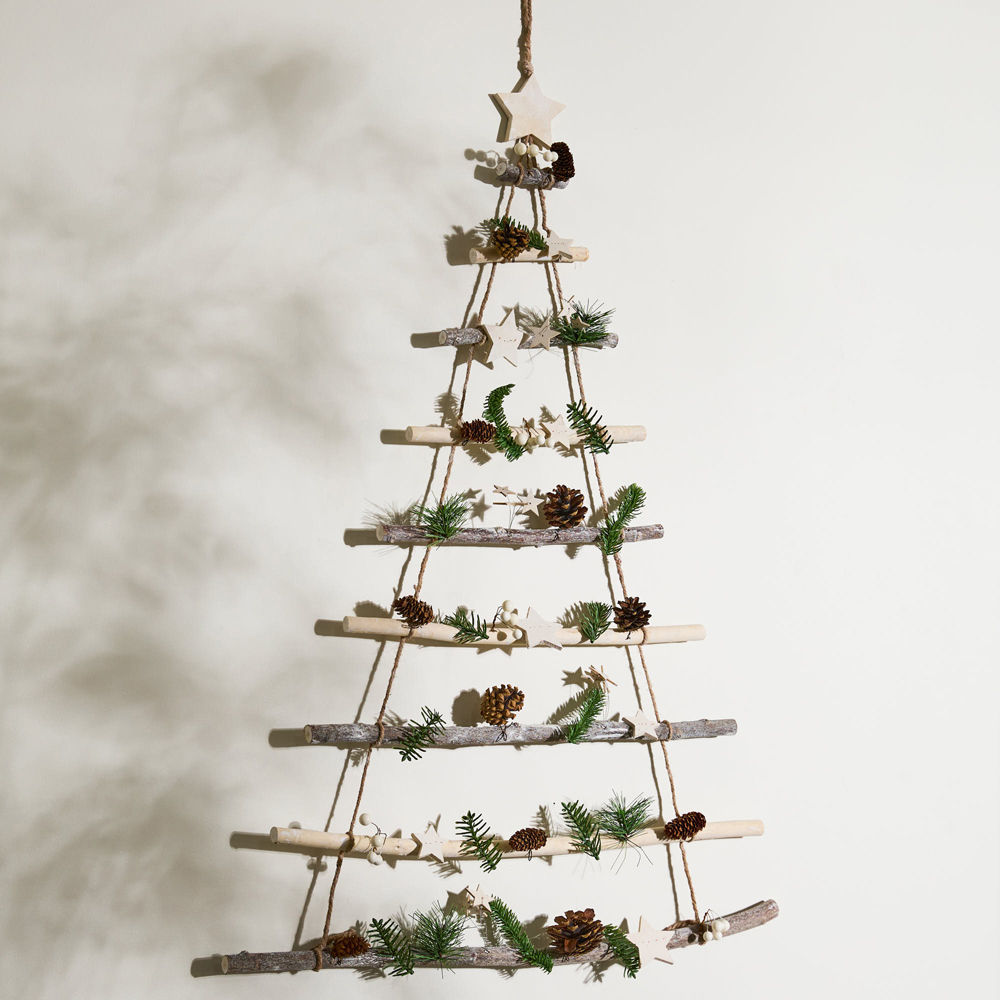 Dibor Winter Sparkle Wooden Star and Eucalyptus Leaves Christmas Tree Ladder Decoration 88cm Image 2