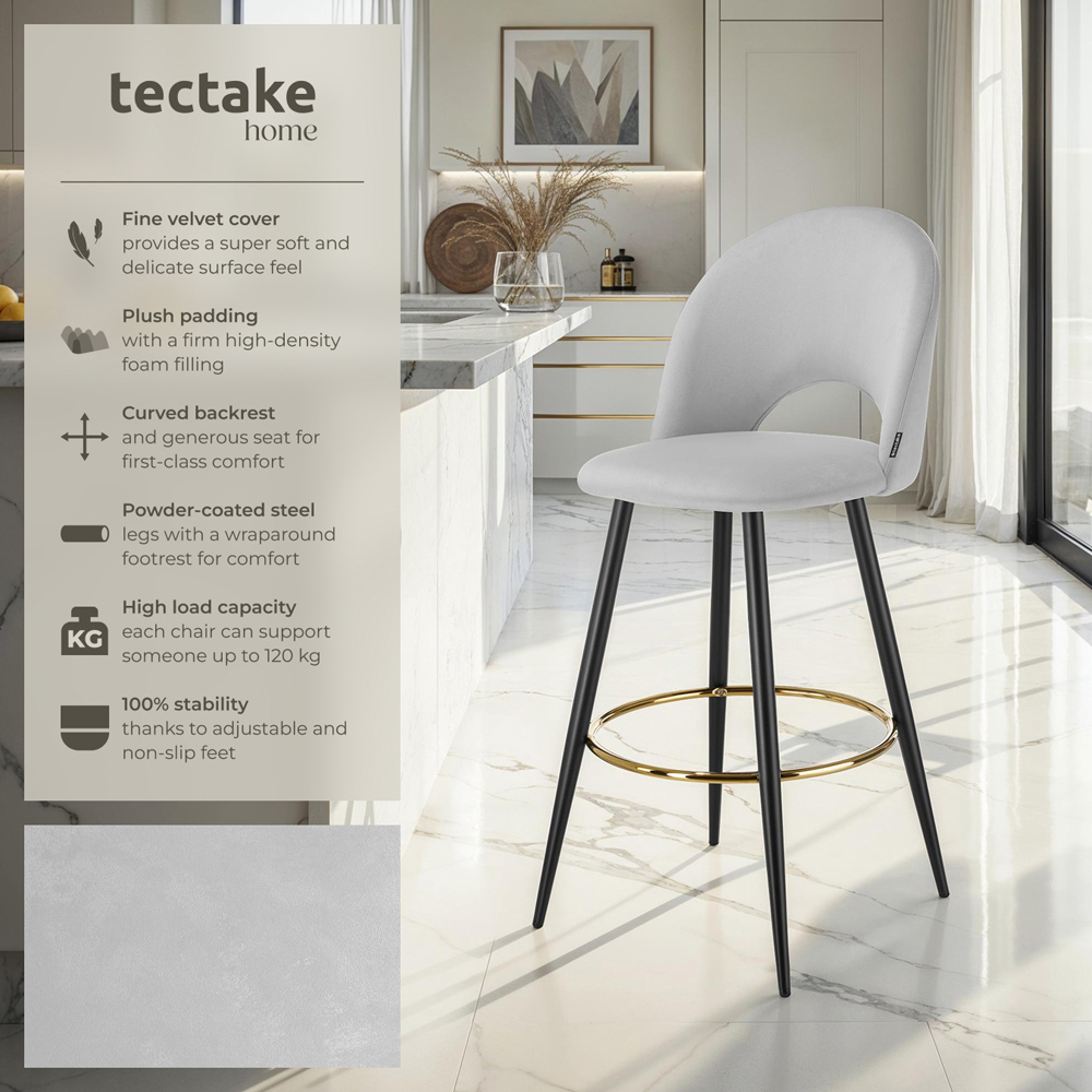 tectake Rachel Light Grey and Black Velvet Look Bar Stool Set of 2 Image 7