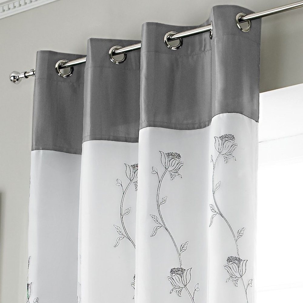 Alan Symonds Tahiti Silver and White Floral Lined Ring Top Eyelet Voile Curtains 142 x 137cm Image 2