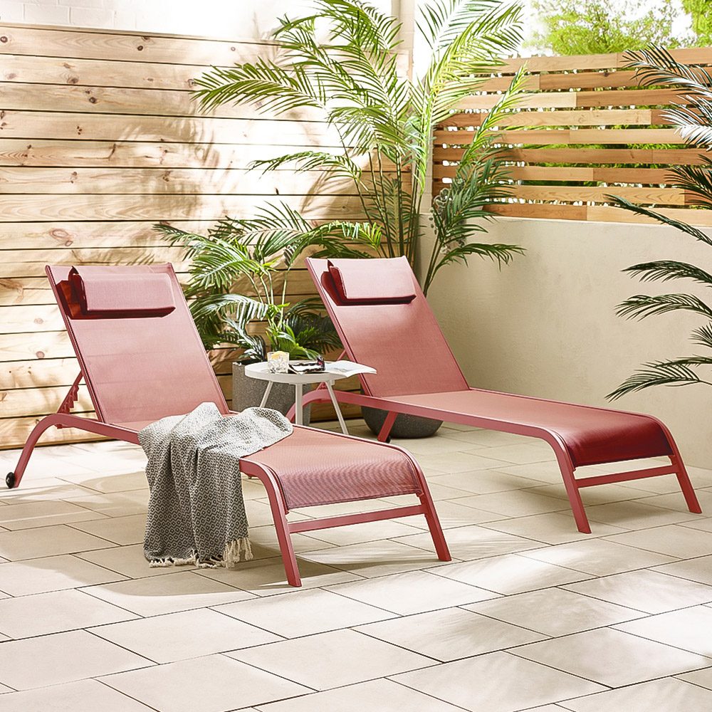 Furniturebox Set of 2 Pink Adjustable Sun Lounger with Headrest Image 1