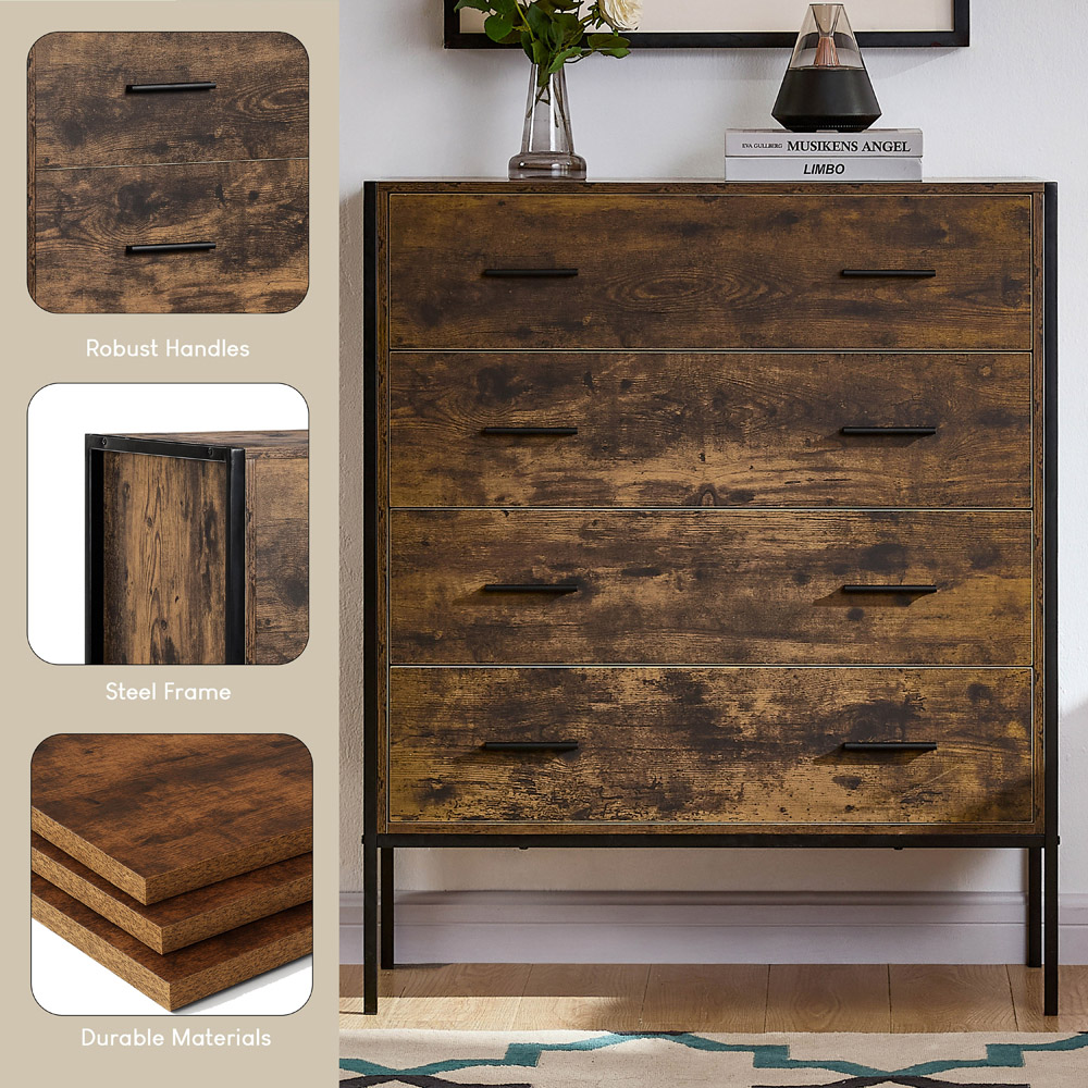 Vida Designs Brooklyn 4 Drawer Dark Wood Rustic Metal Frame Chest of Drawers Image 6