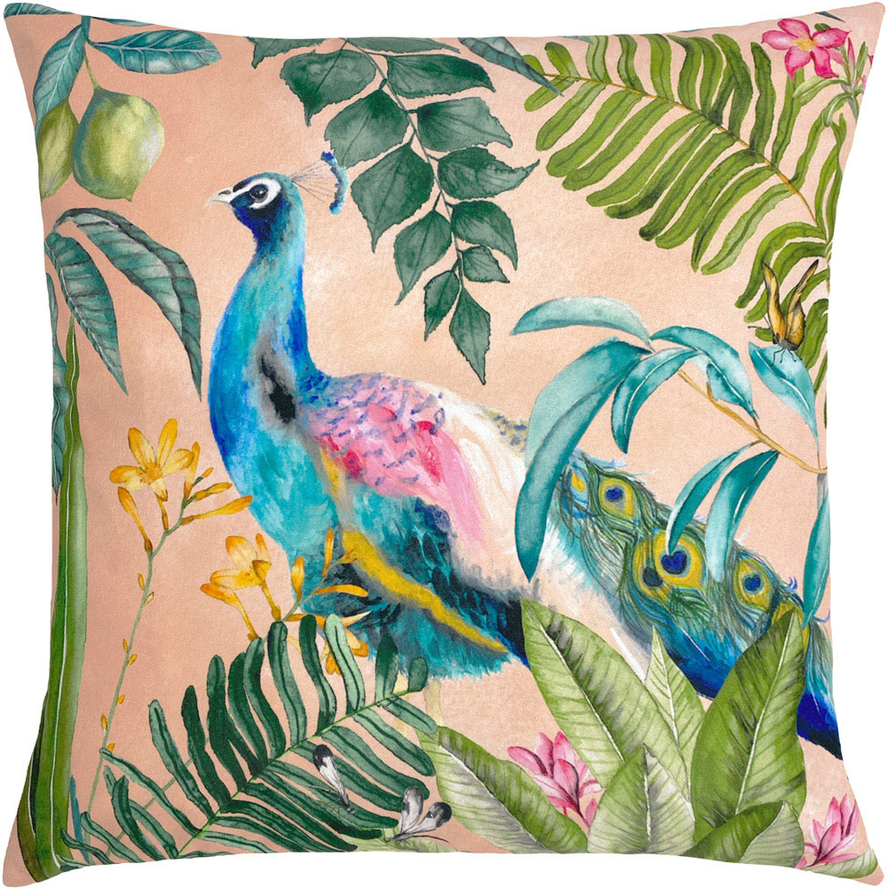 Evans Lichfield Peacock Blush Outdoor Reversible Cushion Image 1