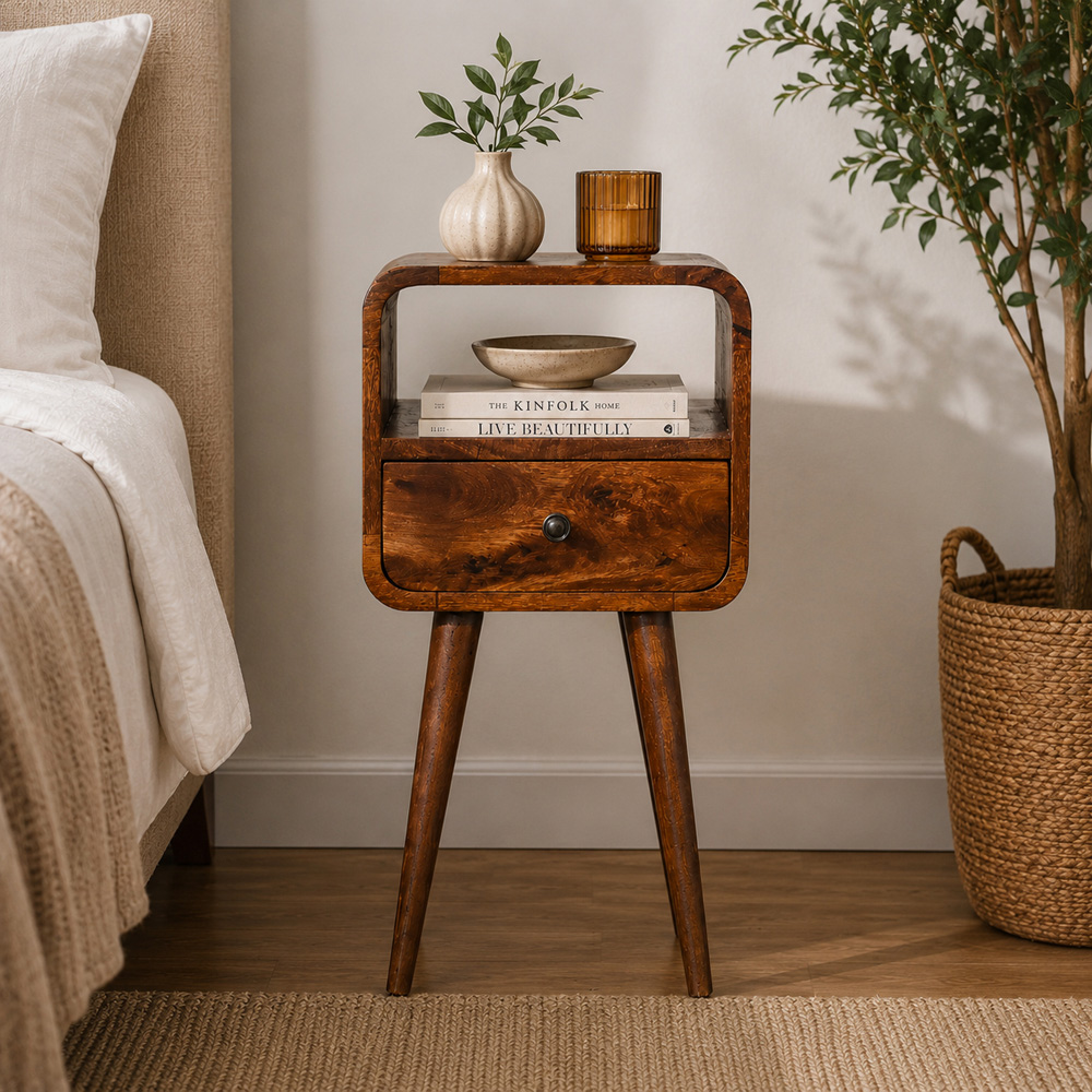 Artisan Furniture Mini Chestnut Single Drawer Single Shelf Mango Wood Curved Open Bedside Table Image 7
