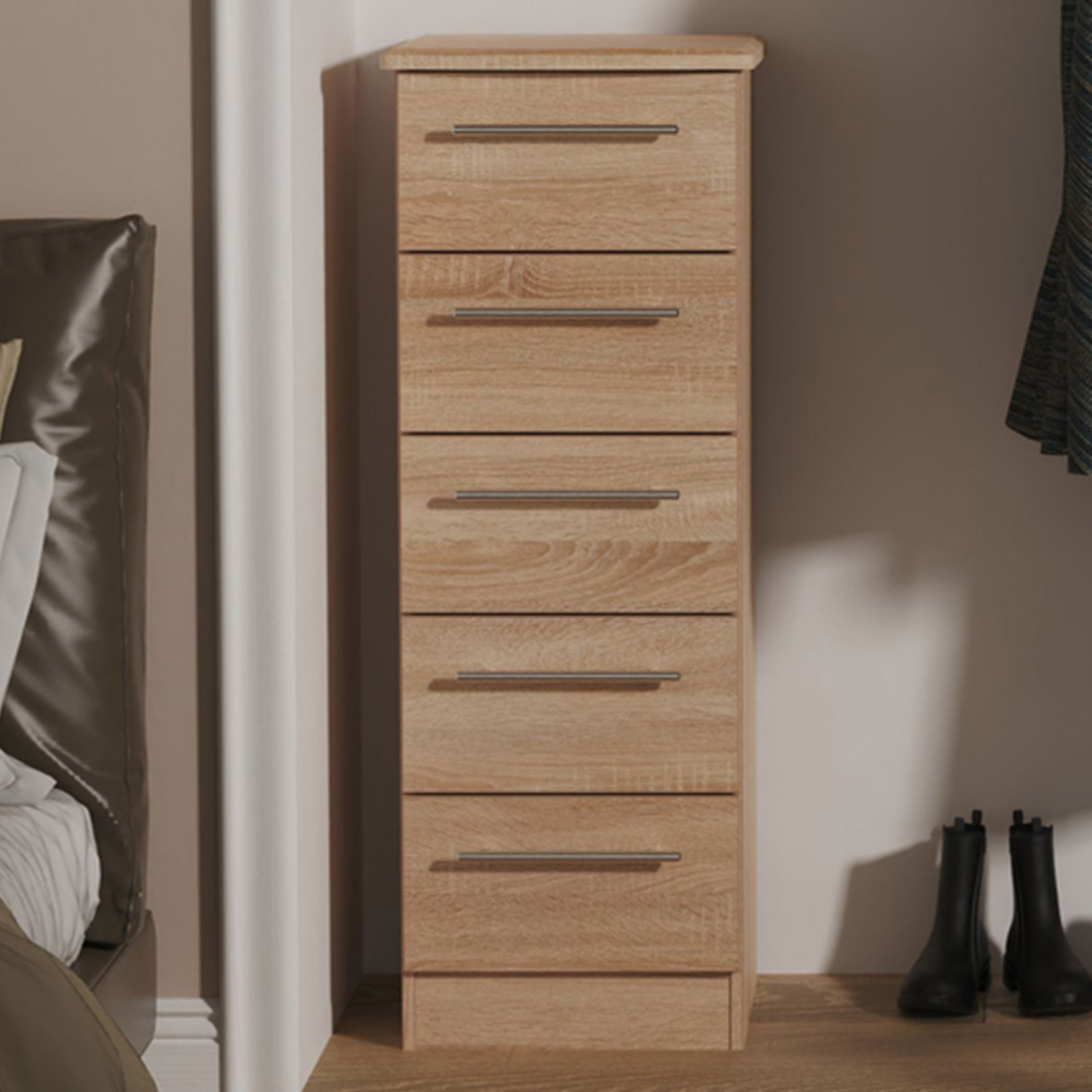 Crowndale Sherwood 5 Drawer Bardolino Oak Tall Bedside Cabinet Image 1