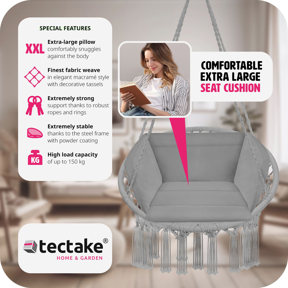tectake Grazia Grey Swing Chair with Seat and Back Cushion Image 6