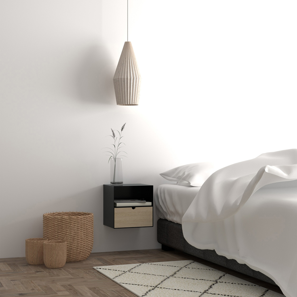 Florence Joliet Single Drawer Single Shelf Black and Bamboo Wall Mounted Bedside Table Image 8