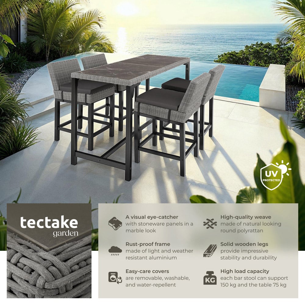 tectake Lovas Latina 4 Seater Poly Rattan Garden Bar Dining Table Grey Image 3
