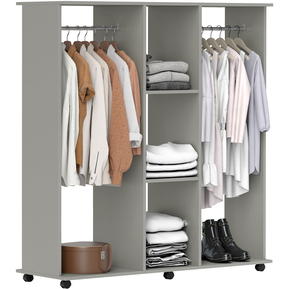 Portland 3 Shelf Grey Double Open Wardrobe with Hanging Rail Image 2
