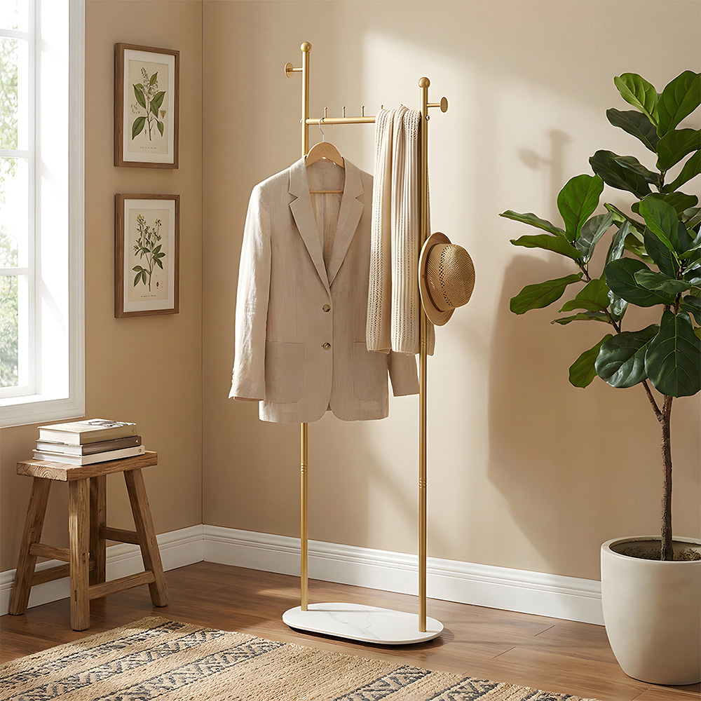 Living and Home Gold Metal Clothes Rack with 4 Hooks and Marble-Effect Base Image 7