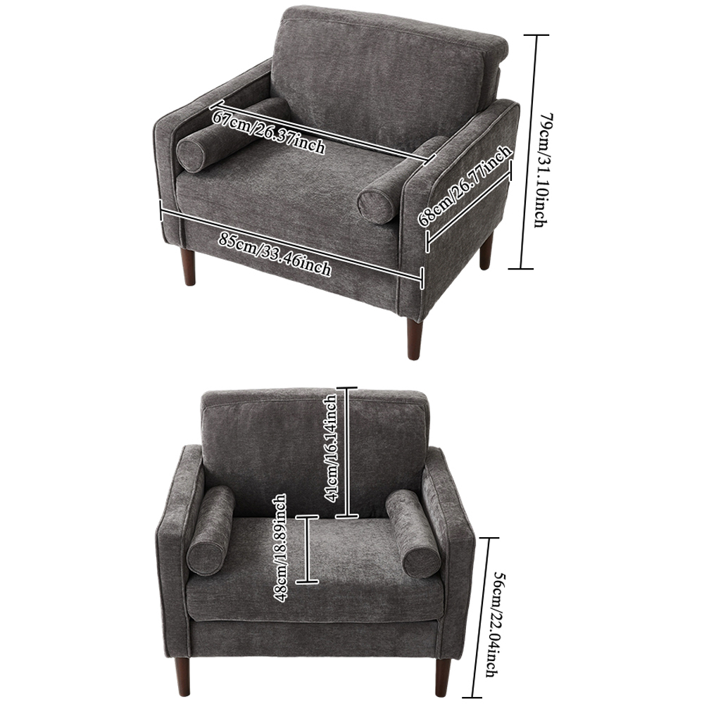 Living and Home Grey Soft Chenille Upholstered Sofa Chair with Cylindrical Pillows Image 9