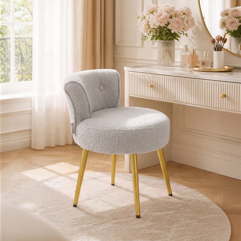 Living and Home Grey Teddy Fleece Button Tufted Vanity Stool Image 7