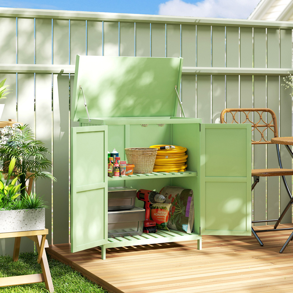 Outsunny 2.8 x 2.4ft 2 Shelf Light Green Wooden Garden Storage Shed with Hinged Roof Image 2
