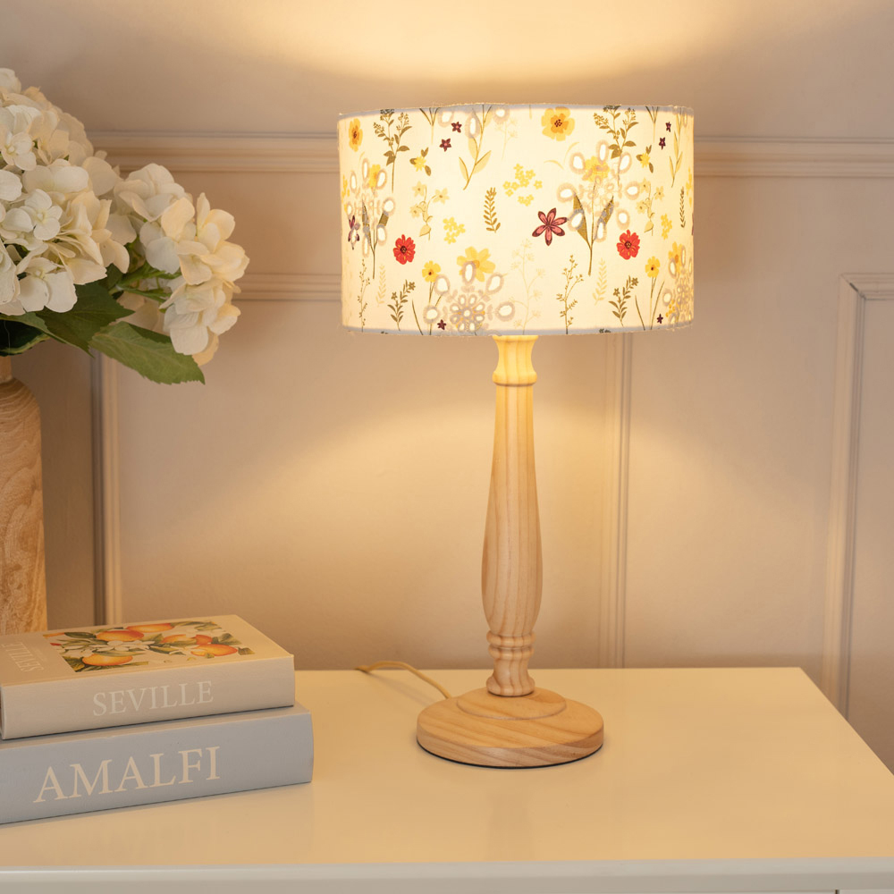 ValueLights Victoria Floral Embroidered Drum Shade Light Wood Candlestick LED Table Lamp Image 2