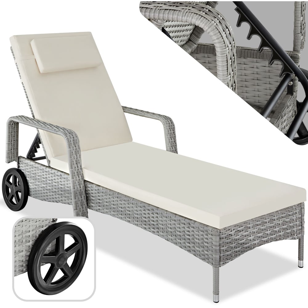 tectake Cassis Light Grey 6 Level Adjustable Sun Lounger with Removable Headrest and Wheels Image 2