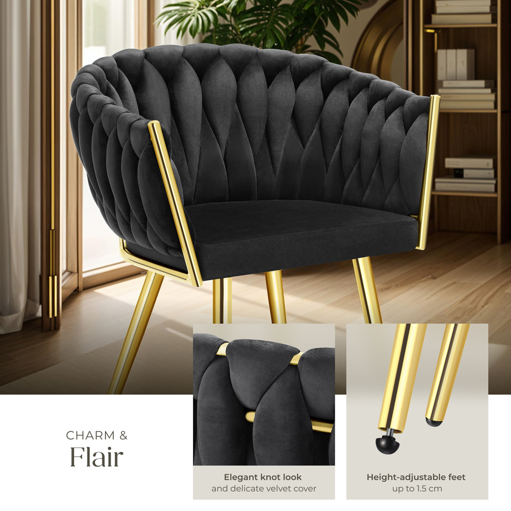tectake Astano Set of 2 Black and Gold Velvet Padded Knot Design Dining Chair Image 5