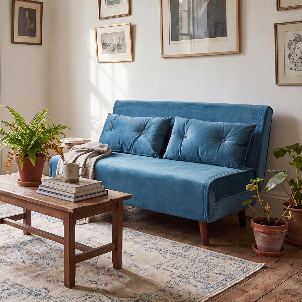 Portland 2 Seater Blue Velvet Sofa Bed Image 4