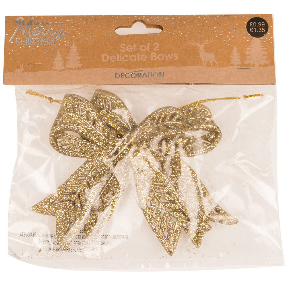 Single Alpine Lodge Glitter Bow Ornament 2 Pack in Assorted styles Image 2