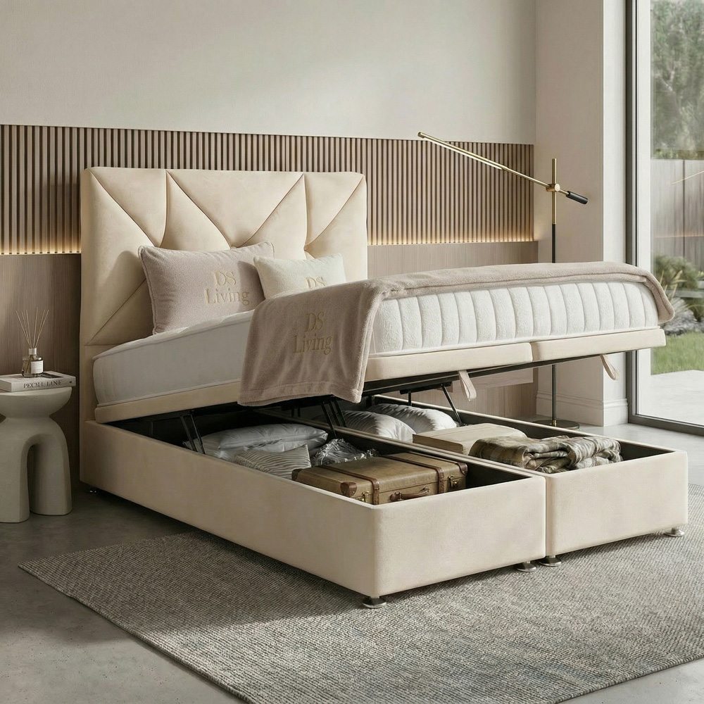 DS Living Eclipse Super King Size Cream Plush Velvet Ottoman Bed Image 2