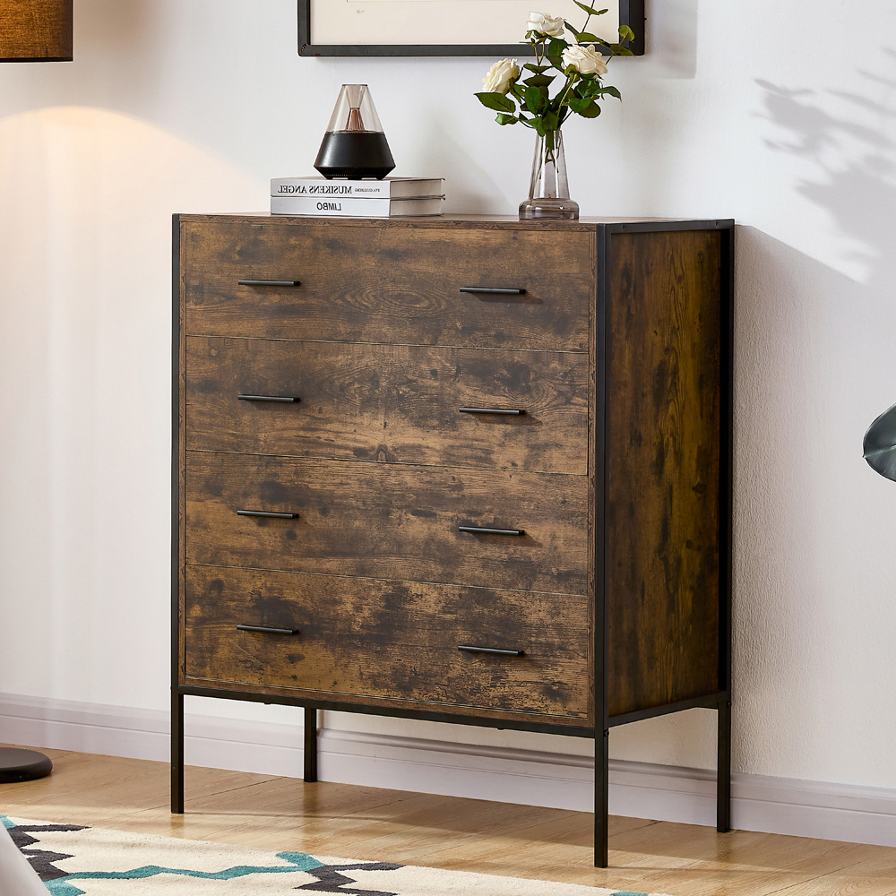 Vida Designs Brooklyn 4 Drawer Dark Wood Rustic Metal Frame Chest of Drawers Image 4