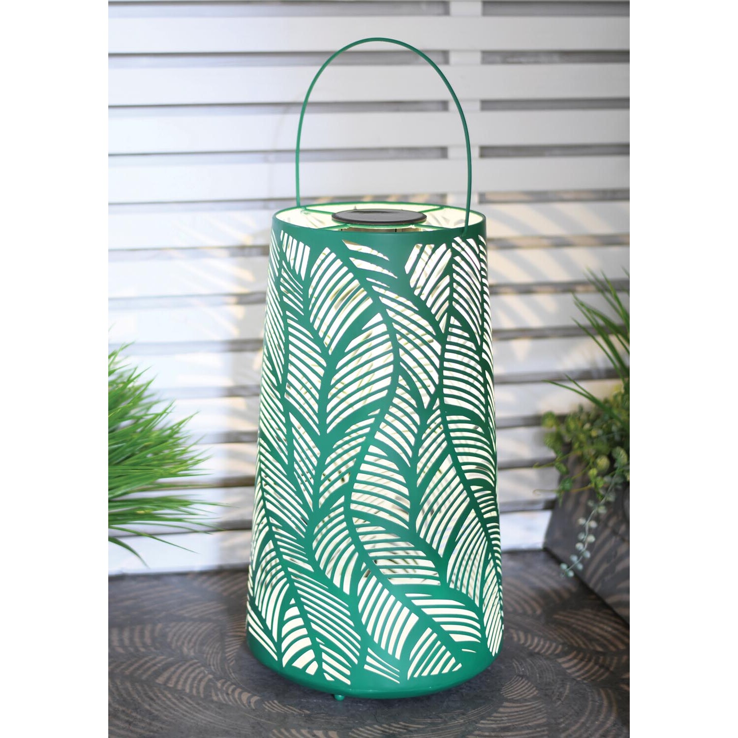 Solar Metal Lantern with Leaf Pattern - Green Image 3