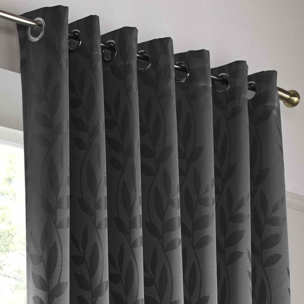 Alan Symonds Dupion Charcoal Leaf Jacquard Ring Top Eyelet Curtains 117 x 183cm Image 2