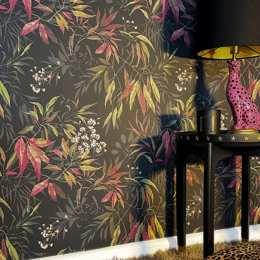 Belgravia Decor Kanata Leaf Pink and Charcoal Wallpaper Image 4