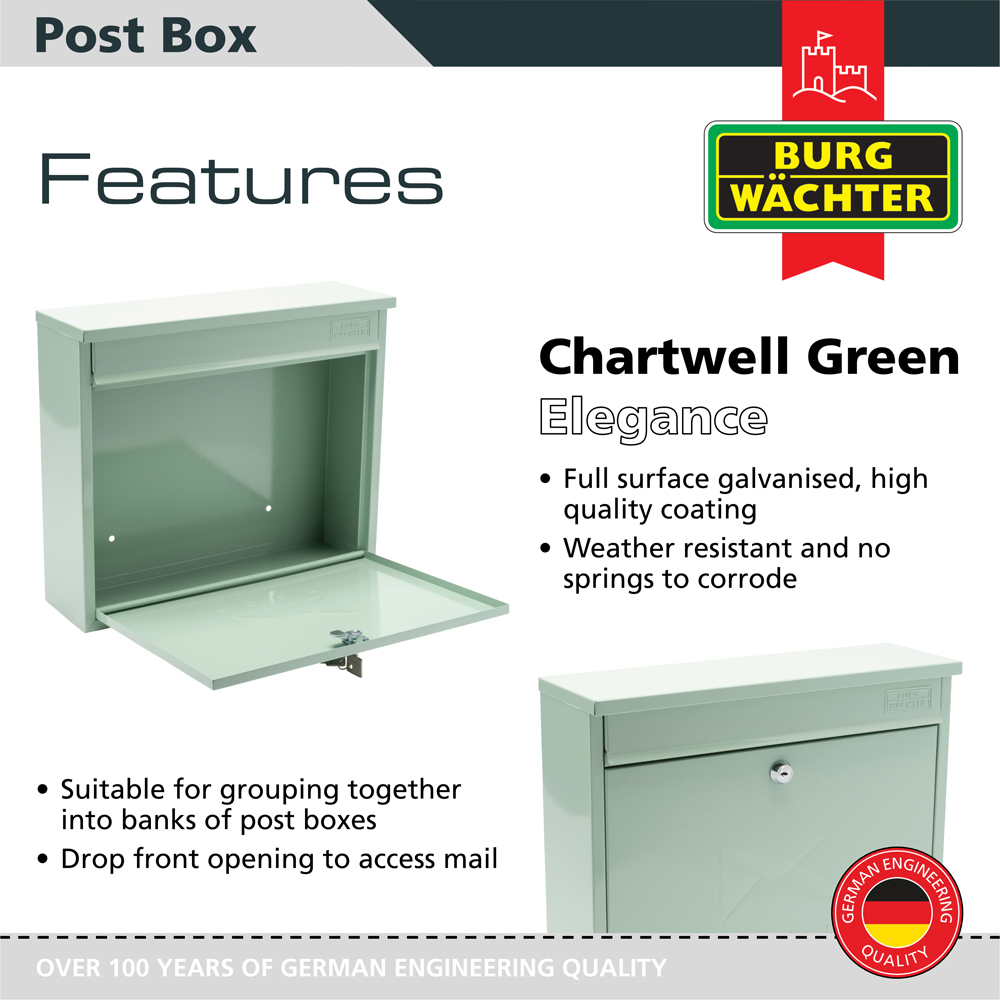 Burg-Wachter Chartwell Green Elegance Wall Mounted Galvanised Steel Lockable Weatherproof Post Box - 36x31x10cm Image 2