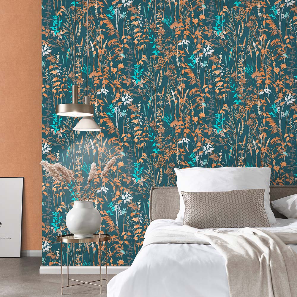 Erismann Meadow Floral Leaves Blue Wallpaper Image 4
