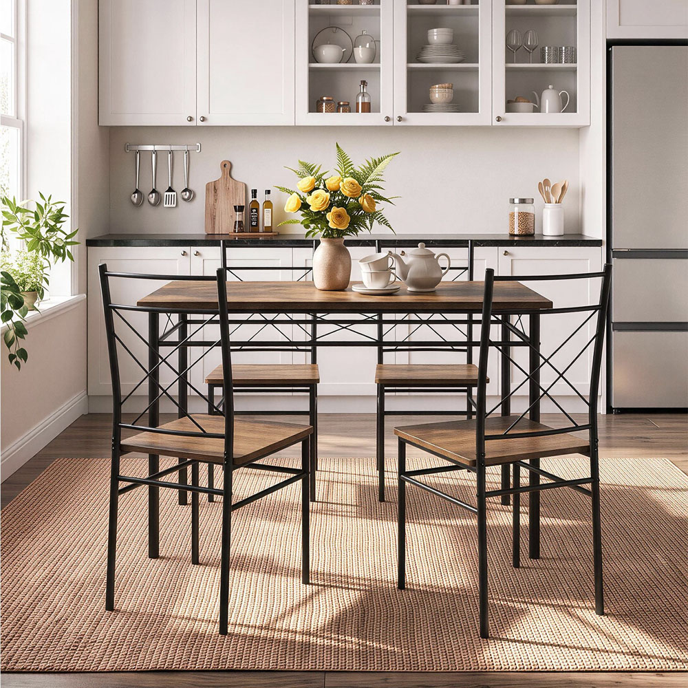 Living and Home 4 Seater Oak and Black Dining Set Image 7